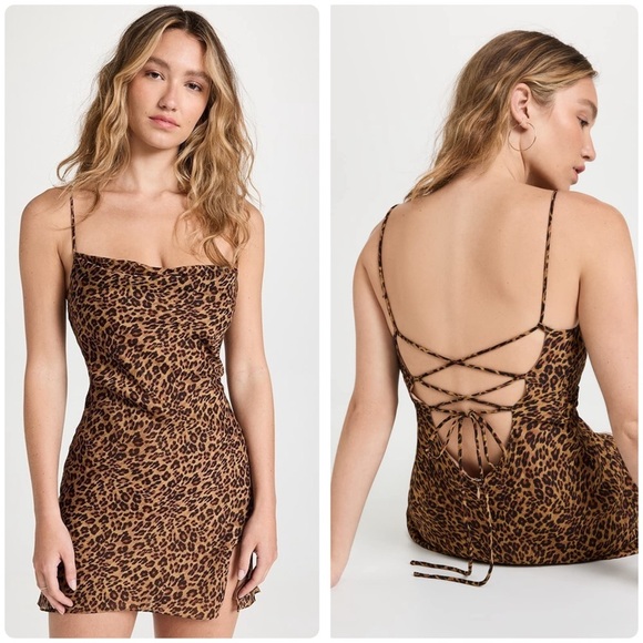 New! Staud Bellamy Leopard Print Cowl Neck Lace Up Back Mini Dress🤎 XL NWT! - Picture 1 of 16